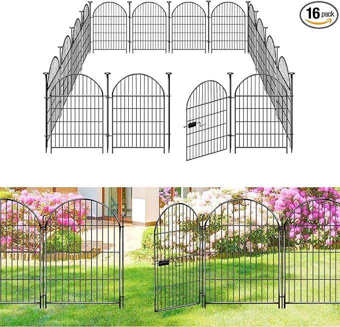 ADAVIN Garden Fence Animal Barrier with Gate 32 in(H)×35 Ft(L) 16 Panels,Rustproof Metal Wire Tall Fencing Border for Dogs Rabbits,Outdoor no dig pet Fences,Black Flower Edging for Yard,Arched
